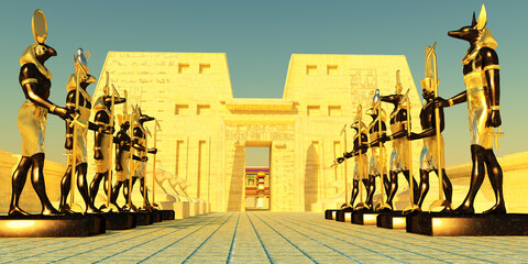 Wall Mural - avenue of egyptian gods - several egyptian god statues and sphinx line the entrance to a sacred temp