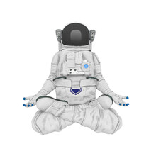 Astronaut Explorer Is Floating And Also Meditative Doing Yoga On White Background Front View