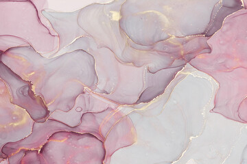 Wall Mural - Abstract alcohol ink background in pink tones with golden splashes