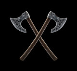 Fototapeta  - Two crossed axes isolated on black background