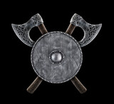 Fototapeta  - Round shield and two crossed axes isolated on black background