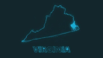 Poster - Plexus flat map showing the state of Virginia from the United State of America on black background. USA. Plexus map of Virginia