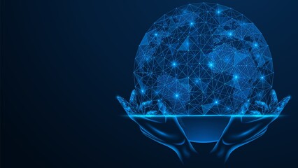 Wall Mural - The planet is in the hands. Connecting to the digital global virtual space. Polygonal design of interconnected lines and points. Blue background.