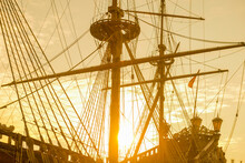Old Sailing Ship With Sunlight In Genoa, Liguria In Italy.