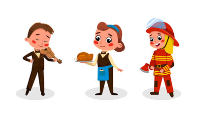 Poster - Funny kids of various professions set. Chef, musician, firefighter cartoon vector illustration