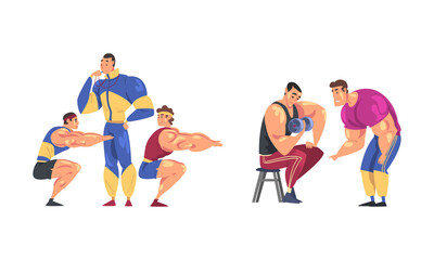 Poster - Athletes training with coach set. Muscular men doing squats and exercising with kettlebell cartoon vector illustration