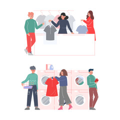 Poster - Dry cleaning shop. People washing clothes in public laundry cartoon vector illustration