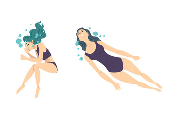 Wall Mural - Young women in swimsuits swimming in water cartoon vector illustration