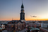 Fototapeta  - Hamburg, Germany, Panorama over Hamburg's city. With the main church St. Michaelis