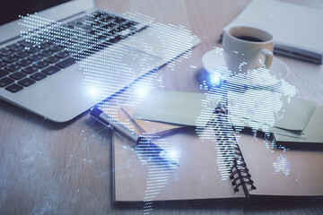 Aufkleber - Double exposure of social network drawing and desktop with coffee and items on table background. Concept of international connection.