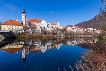 Wall Mural - The picturesqueue scape of Frohnleiten in Austria with the river Mur in Styria, Austria