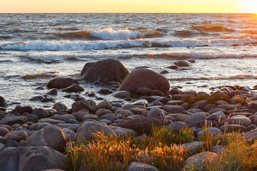 Wall Mural - Sunset over the Baltic sea. Rocky shore of Purekkari neem, the Northernmost location of Estonian mainland