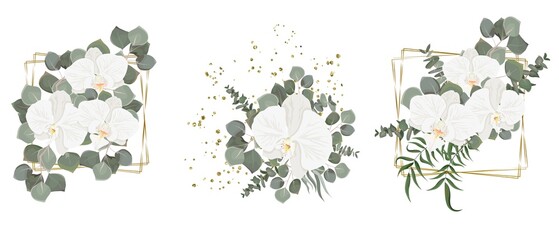 Vector flower set for wedding design. White orchid, eucalyptus, plants, leaves, golden elements. Flowers on a white background