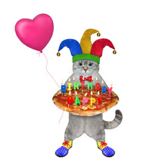 Wall Mural - An ashen cat clown in a jester hat is holding a holiday pizza and a pink heart shaped balloon. White background. Isolated.