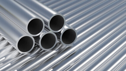 Group, set of simple new high quality shiny galvanized stainless steel metal aluminium alloy pipes stacked, iron pipes, industrial construction materials, supplies storage, warehouse stock, nobody