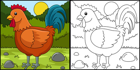 Wall Mural - Rooster Coloring Page Colored Illustration