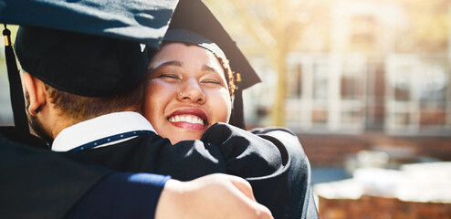 Poster - We deserve this just like everyone else. Cropped shot of a young woman embracing her male friend after graduating.