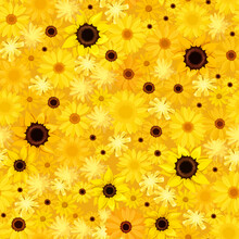 Vector Seamless Background With Yellow Sunflowers, Gerbera, And Dandelion Flowers