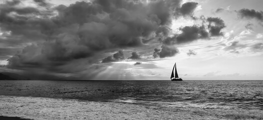 Wall Mural - Sunset Sailboat Ocean Sun Ray Journey Banner Panorama Black And White