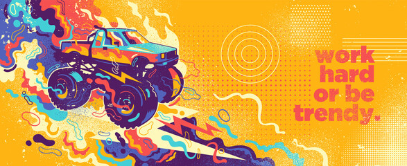 Wall Mural - Abstract lifestyle graffiti design with monster truck and colorful splashing shapes. Vector illustration.
