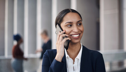 Poster - New clients are just a call away. Shot of a young businesswoman using a smartphone against a city background.