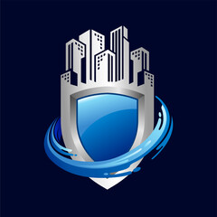 Poster - shield logo template with city concept