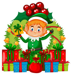 Wall Mural - Cartoon elf Christmas wreath with many gift boxes