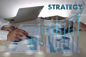 Poster - Workers on table network graphic Business strategy, financial with laptop computer