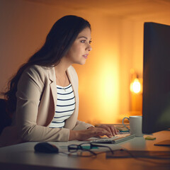 Poster - stopping at nothing to get it done. shot of a young businesswoman using a computer during a late nig