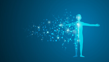Concept of fusion of DNA and physical network molecules. human body connection, futuristic blue background