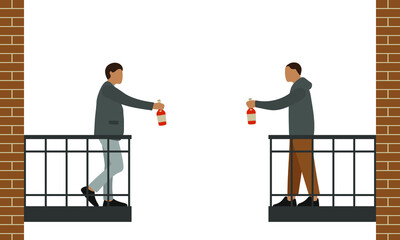 Wall Mural - Two male characters clink bottles of alcohol while standing on opposite balconies