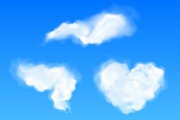 Canvas Print - Realistic clouds of heart and abstract shapes, white fluffy spindrift or cumulus eddies flying in blue sky. Weather forecast and nature design elements, 3d Vector illustration, isolated icons set