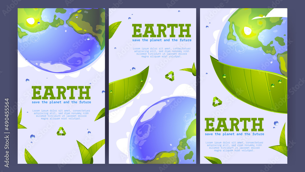 Save planet posters with Earth globe and green leaves. Vector vertical ...