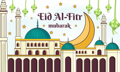 Poster - eid al-fitr mubarak - hari raya idul fitri banner poster hand drawn illustration