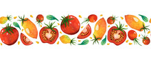 Ripe Tomatoes Seamless Watercolor Border. Hand Drawn Illustration On White Background. Red, Yellow Vegetables With Fresh Basil Leaves. Whole Garden Products, Halves, Slices