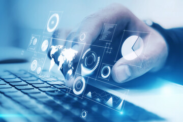 Poster - Close up of male hand using laptop keyboard with creative glowing business chart. Analysis and trade concept. Double exposure.