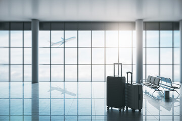 Poster - Suitcases in creative airport interior with panoramic city view and sunlight. Travel concept. 3D Rendering.