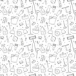 Hand drawn seamless pattern of cleaning equipment, agent, mop, sponge, vacuum, spray, broom,rubber glooves. Spring clean chores elements in doodle sketch style. Vector background, wallpaper, backdrop