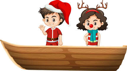 Sticker - Christmas Boy and girl standing on a boat on a white background