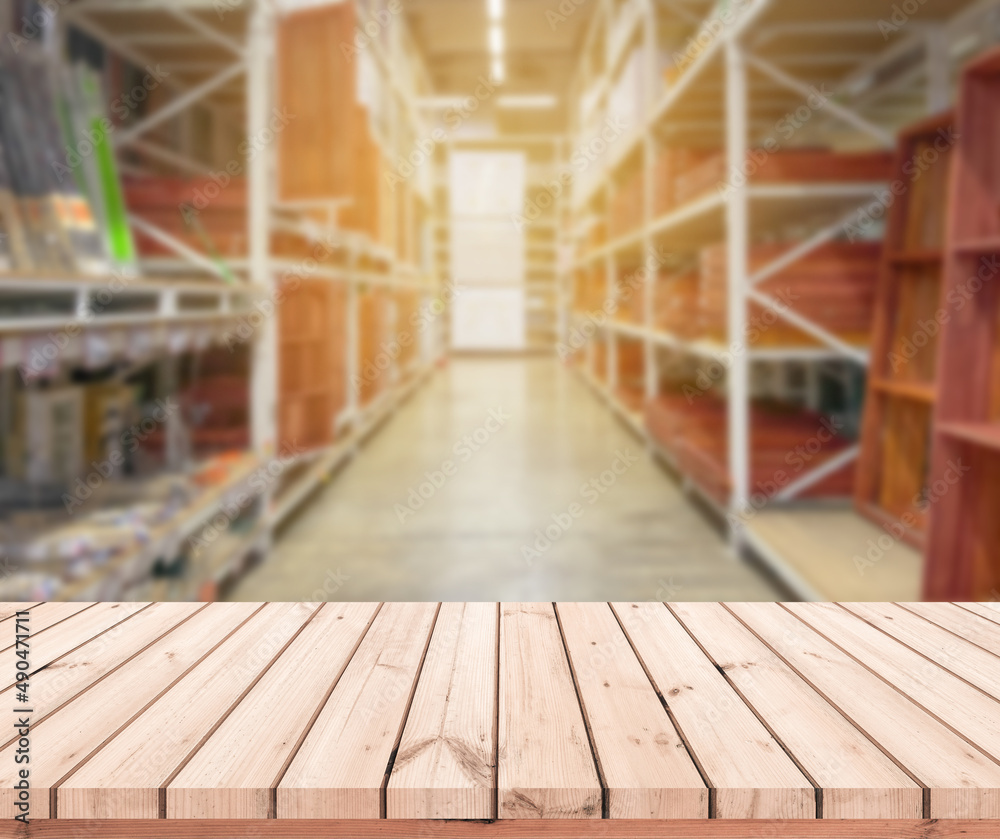Wood desk or Wood table with hardware shop blur background for product  display Stock Photo | Adobe Stock, image size:1000x839
