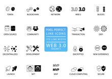 Pixel Perfect Thin Line Vector Icon Set For Web3 Or Web 3.0 Concept. Configurable Symbols For Technology Infographics