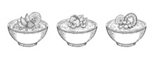 Oat Bowls, Porridge Oatmeal Vector Illustration. Cereal Sketch, Healthy Breakfast Food - Granola, Muesli Flakes With Fruit, Milk, Yogurt. Oat Meal Vintage Doodle Icon Set