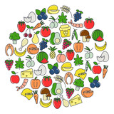 Fototapeta Pokój dzieciecy - Circle healthy organic food concept. Round composition fruits and vegetables icons. Nutrition template isolated vector illustration