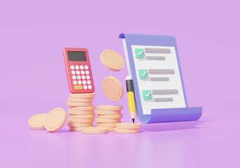 Poster - Calculator and stack coins with Checklist on clipboard paper. information business document correct mark floating on purple background. 3d render illustration
