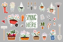 Spring Stickers Collection With Seasonal Elements, Gardening, Tools, Plants And Flowers 