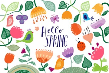 Hello Spring banner, poster, background with seasonal design, floral elements, flowers and birds, decorative doodle style