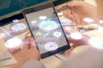 Poster - Double exposure of man's hands holding and using a phone and social network theme drawing.