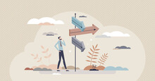 Advice For Direction And Business Or Personal Solution Guidance Tiny Person Concept. Assistance For Destination Choice And Searching For Self Development Path Vector Illustration. Lost And Confused.