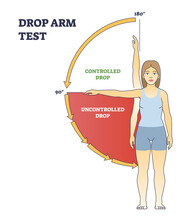 Drop arm test to diagnose medical physiopedia with arm movement outline diagram. Labeled educational scheme with controlled and uncontrolled muscular rotator cuff tears procedure vector illustration.