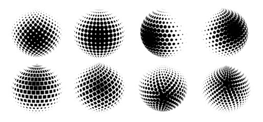 Poster - Set of halftone volumetric spheres. Collection of 3d spheres. Halftone design elements. Vector illustration.